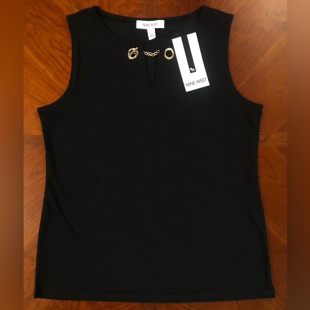 Nine West Black Sleeveless V-Neck Pullover Tank Top Gold Color Chain Detail